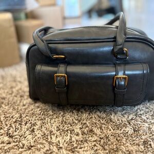 Black Leather Men's Satchel Bag with Gold Hardware
